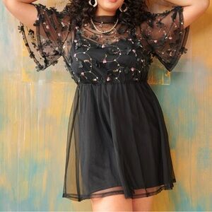 3D Floral Applique Detail Mesh Overlay Dress